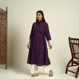  Block Print Mul Cotton A-Line Purple Bagh Kurta for Women