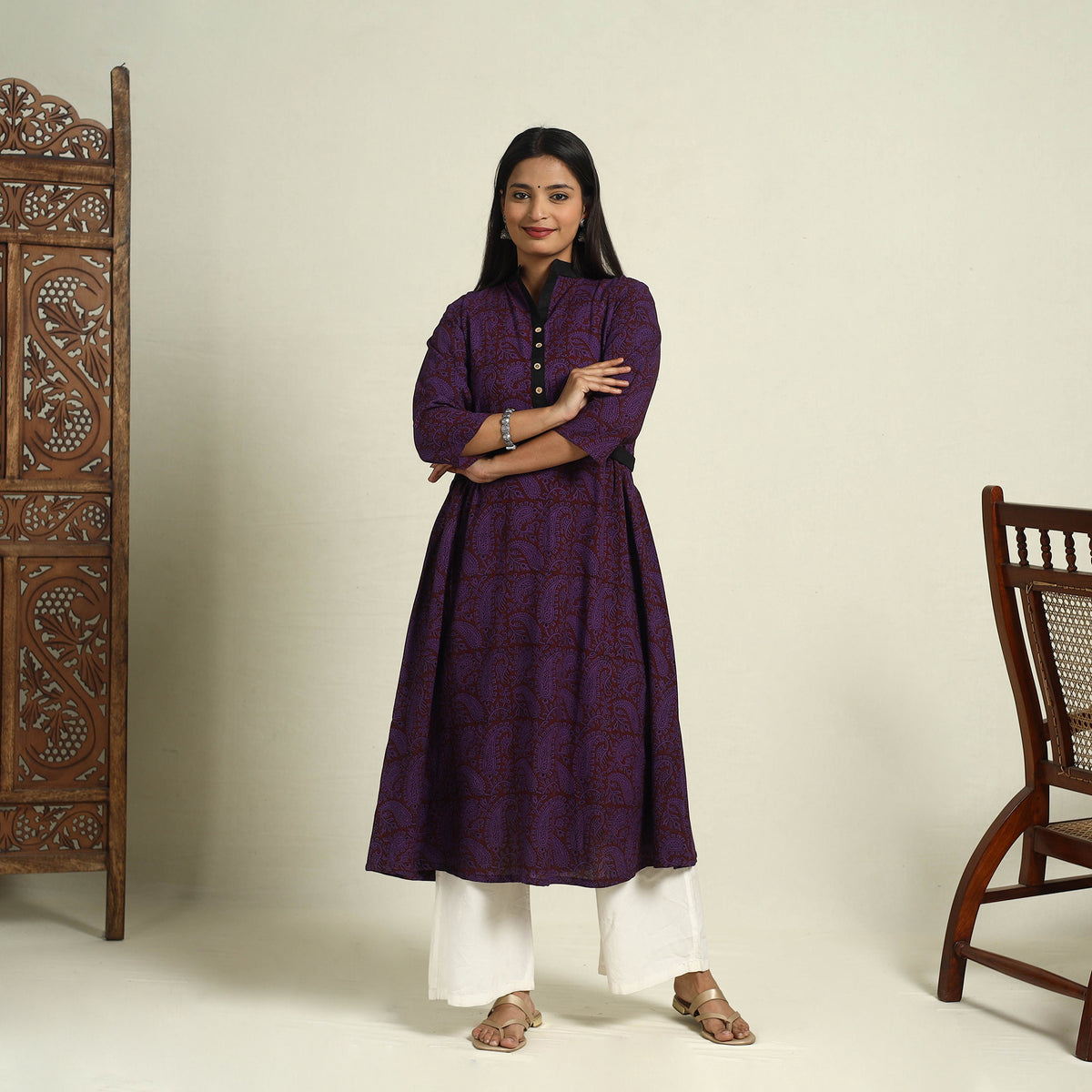  Block Print Mul Cotton A-Line Purple Bagh Kurta for Women