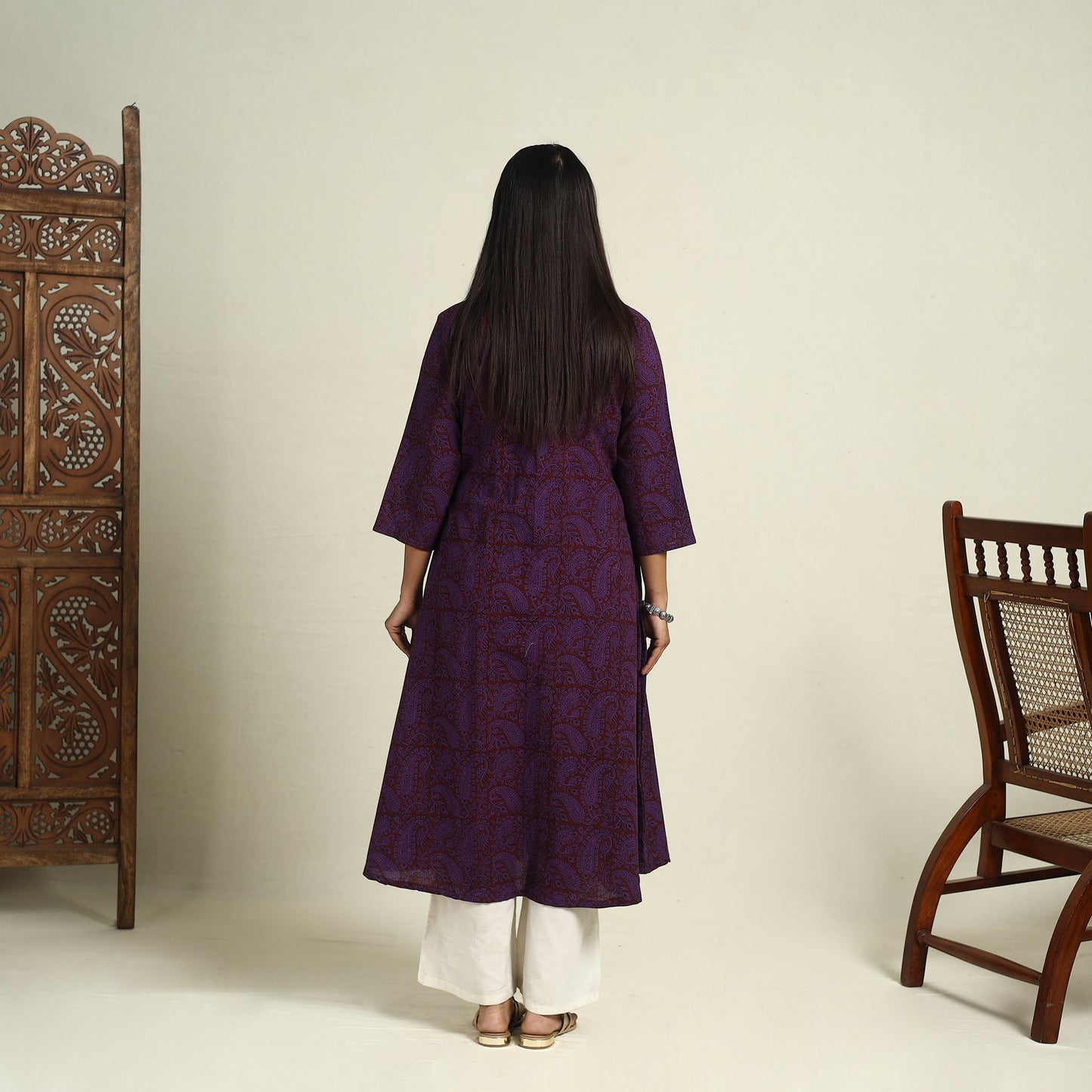  Block Print Mul Cotton A-Line Purple Bagh Kurta for Women