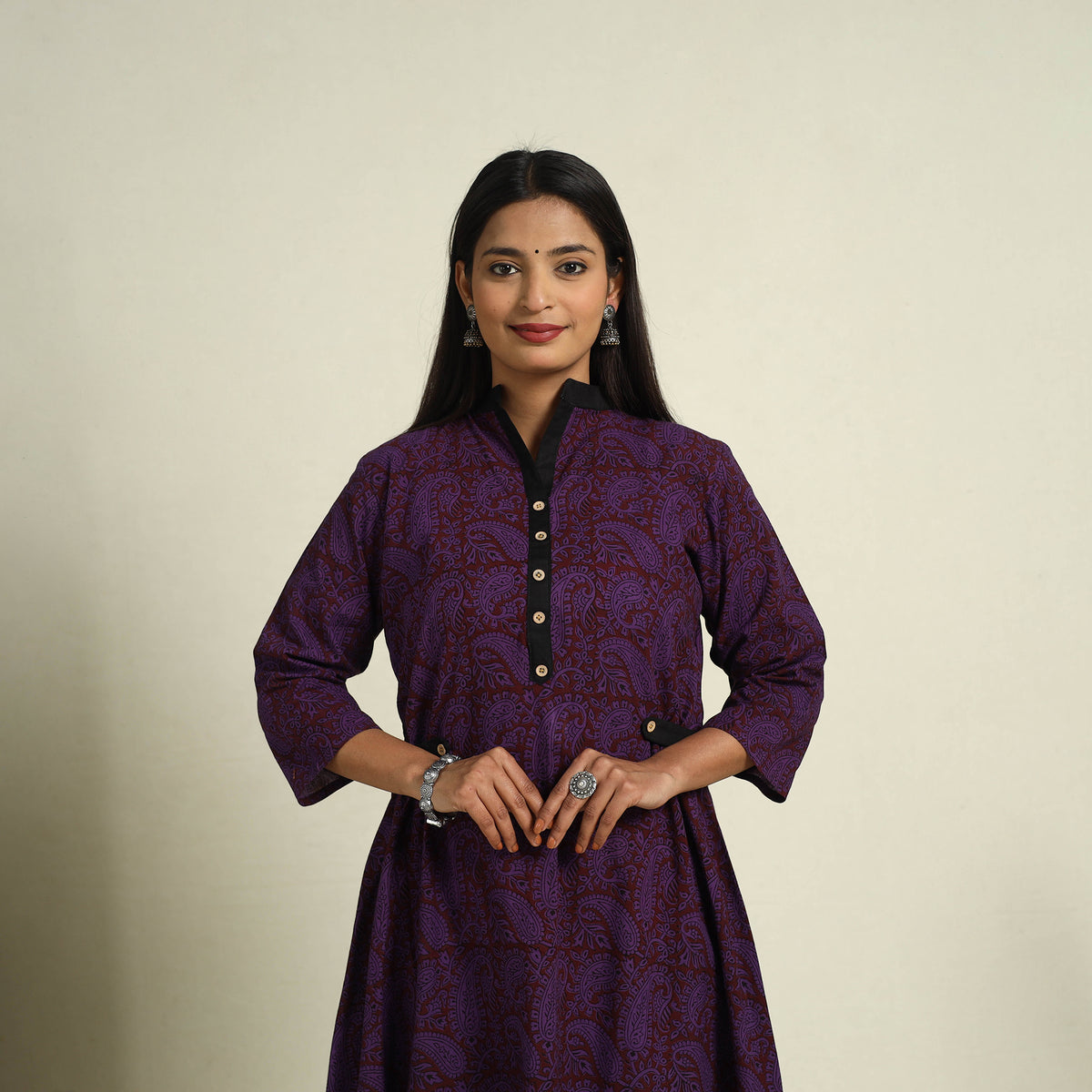  Block Print Mul Cotton A-Line Purple Bagh Kurta for Women