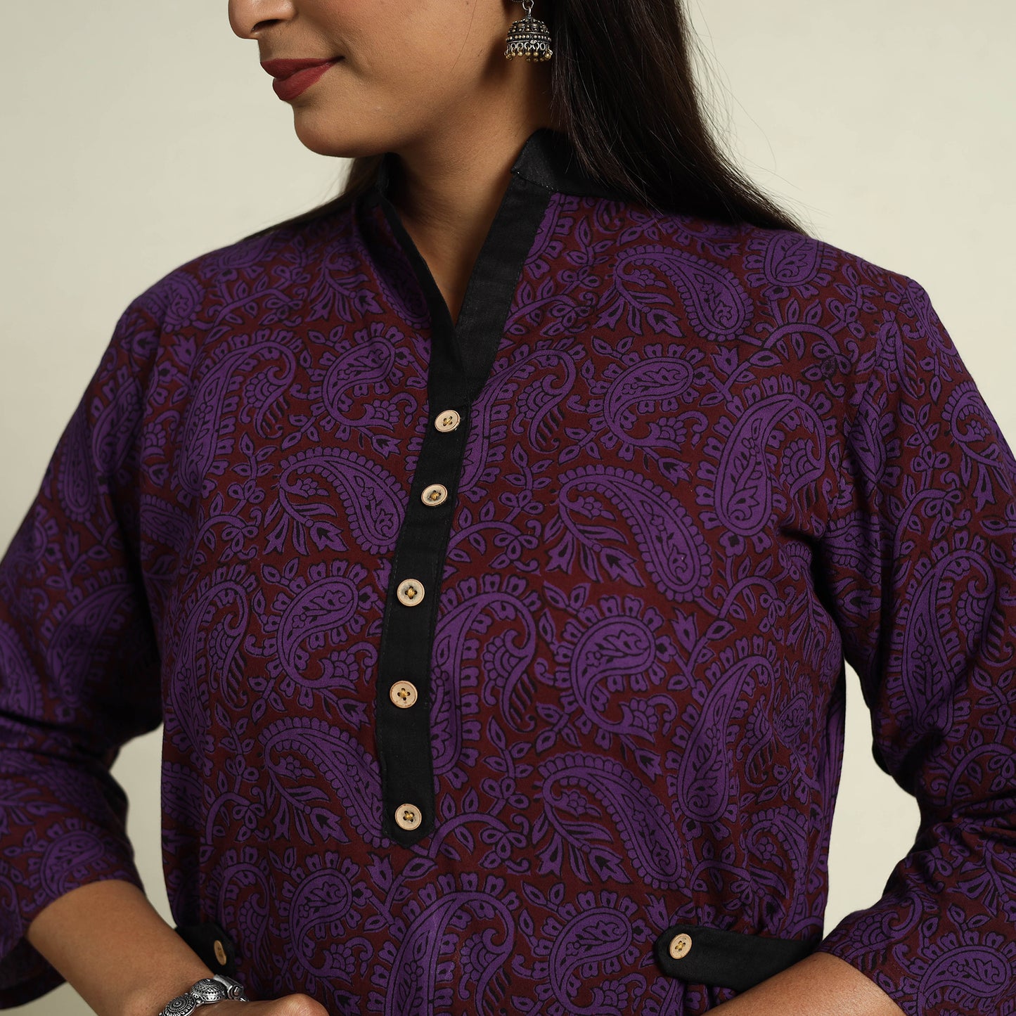  Block Print Mul Cotton A-Line Purple Bagh Kurta for Women