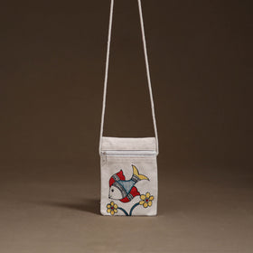 White - Madhubani Handpainted Mobile Sling Bag 01