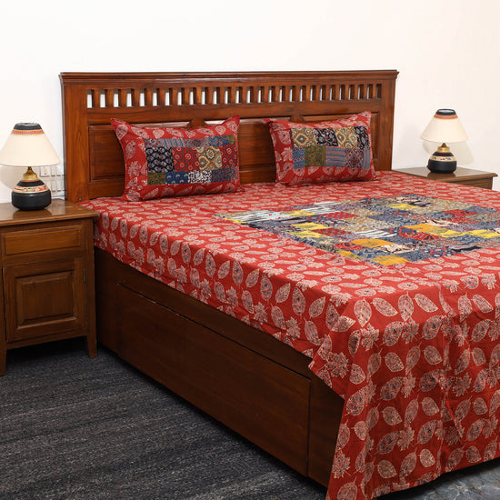 Red - Patchwork Block Print Ajrakh Cotton Double Bed Sheet Set 18