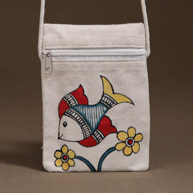 White - Madhubani Handpainted Mobile Sling Bag 01