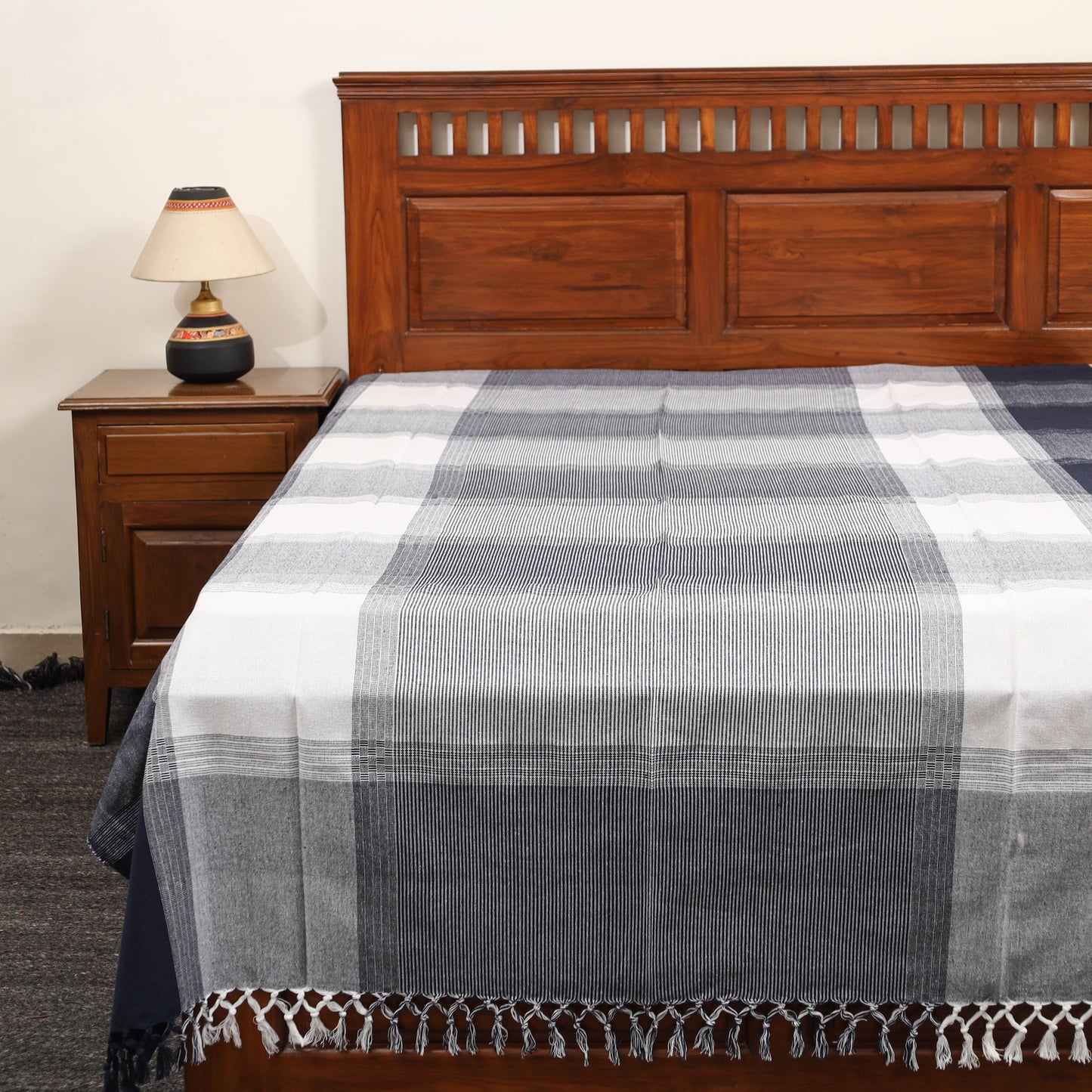 Grey - Pure Cotton Single Handloom Bed Cover from Bijnor 36