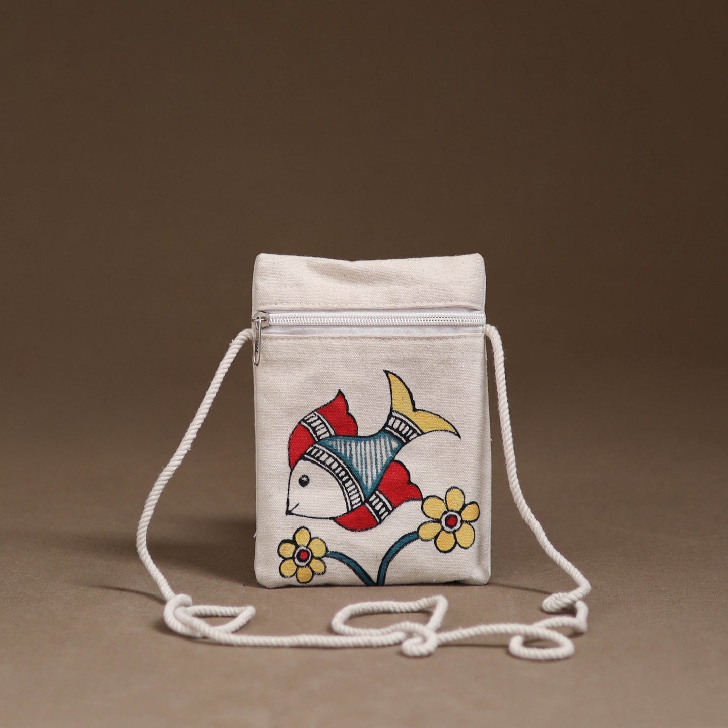 White - Madhubani Handpainted Mobile Sling Bag 01