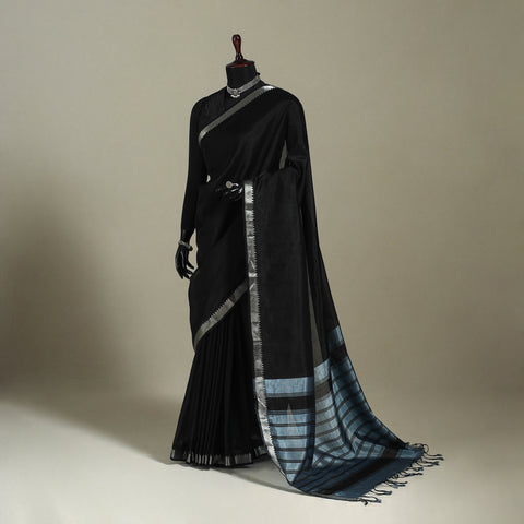 Black Handloom Silk Cotton Zari Border Mangalagiri Pattu Saree