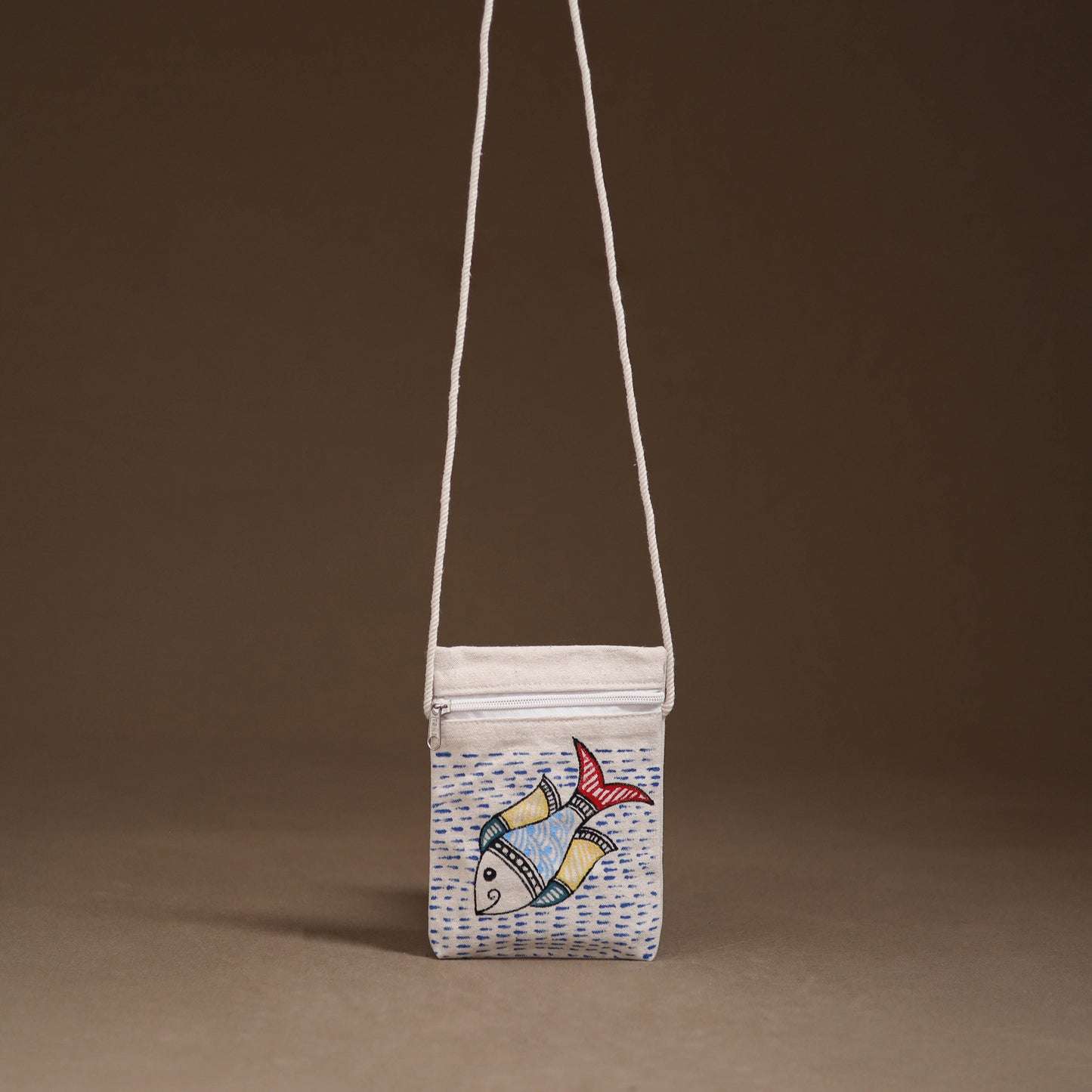 White - Madhubani Handpainted Mobile Sling Bag 09