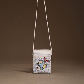 White - Madhubani Handpainted Mobile Sling Bag 09