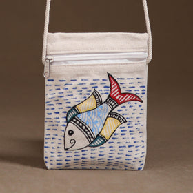 White - Madhubani Handpainted Mobile Sling Bag 09