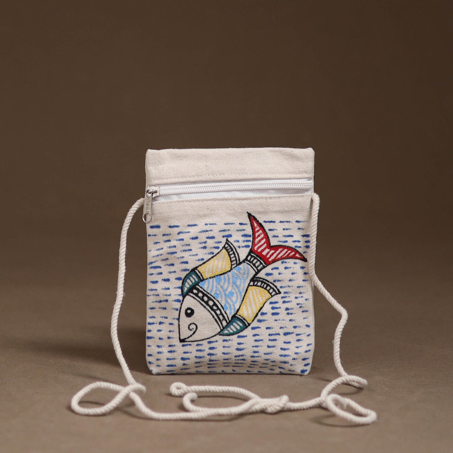 White - Madhubani Handpainted Mobile Sling Bag 09