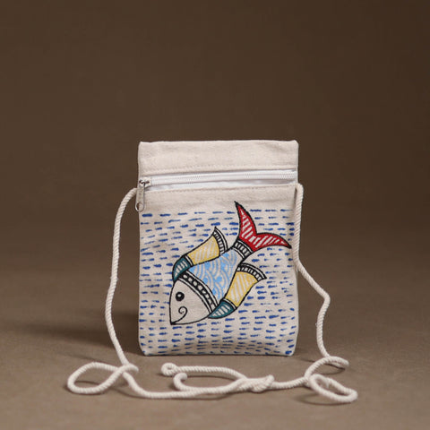 White - Madhubani Handpainted Mobile Sling Bag 09