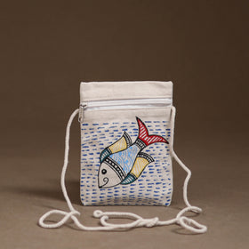White - Madhubani Handpainted Mobile Sling Bag 09