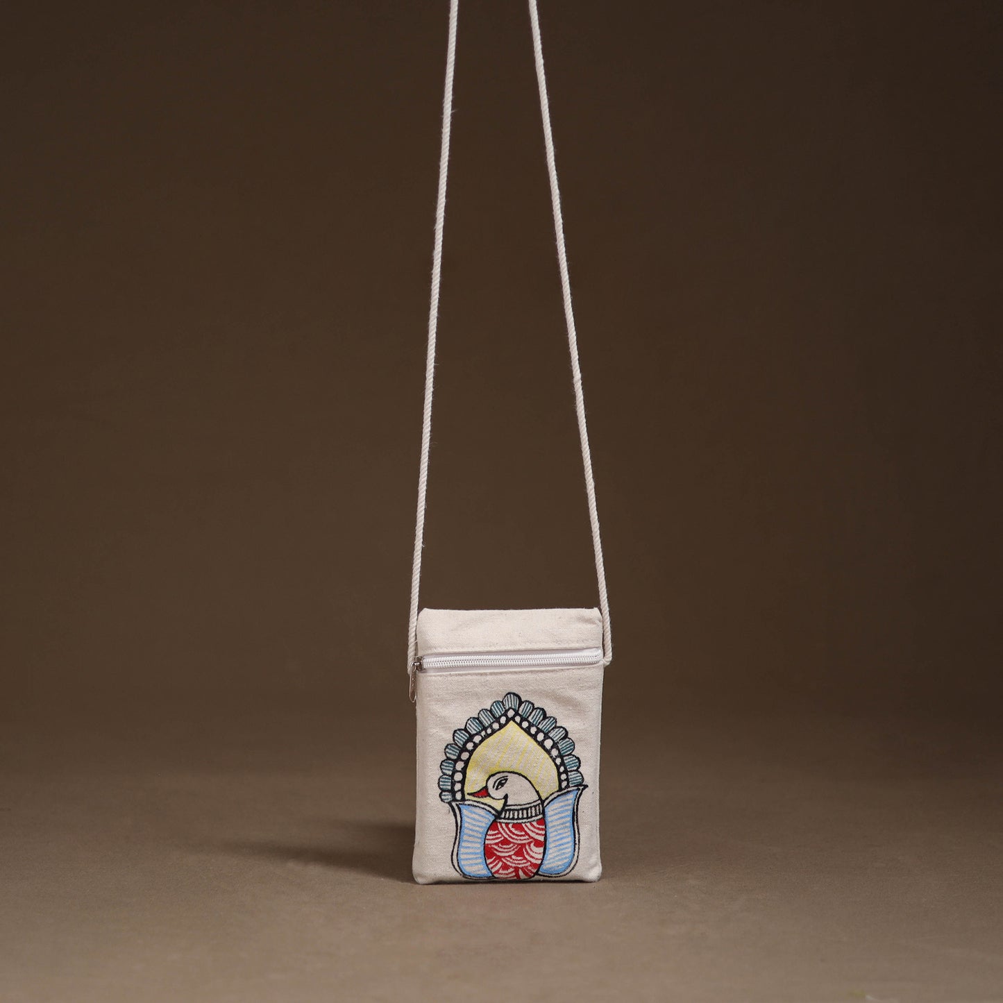 White - Madhubani Handpainted Mobile Sling Bag 10