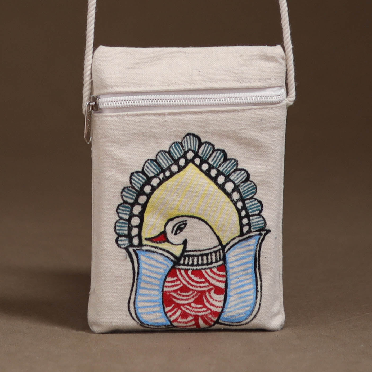 White - Madhubani Handpainted Mobile Sling Bag 10