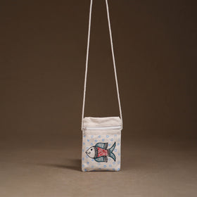 White - Madhubani Handpainted Mobile Sling Bag 11