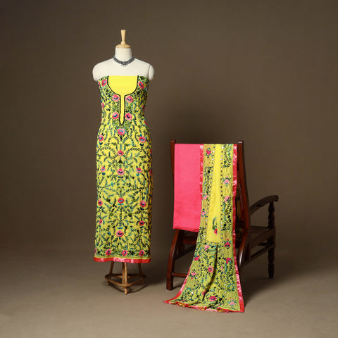 Yellow - 3pc hand embroidery georgette unstitched phulkari