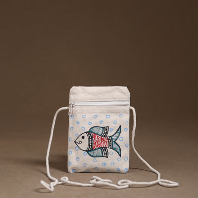 White - Madhubani Handpainted Mobile Sling Bag 11