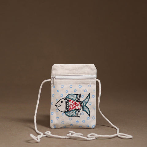 White - Madhubani Handpainted Mobile Sling Bag 11