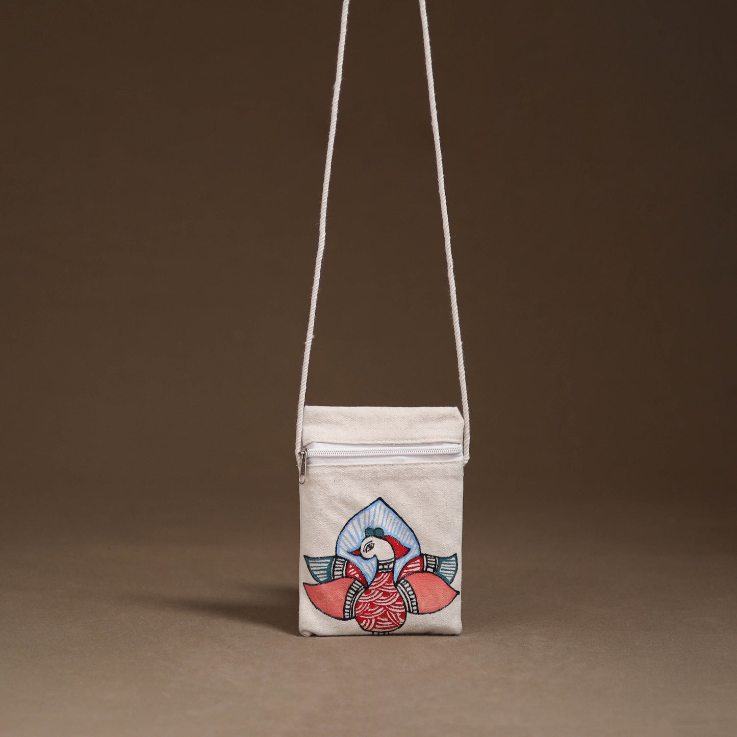White - Madhubani Handpainted Mobile Sling Bag 12