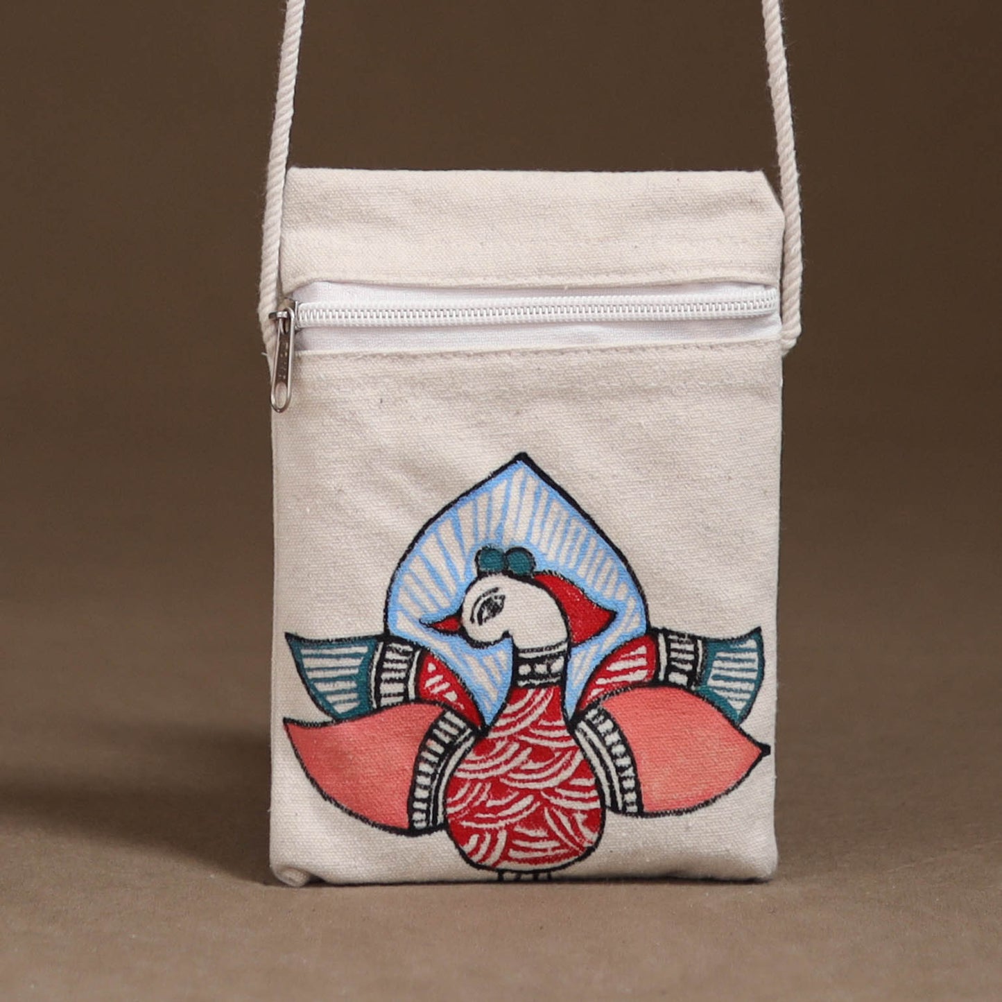 White - Madhubani Handpainted Mobile Sling Bag 12