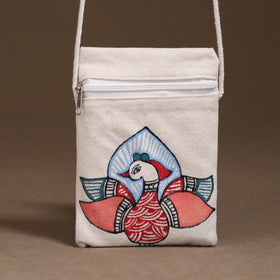 White - Madhubani Handpainted Mobile Sling Bag 12