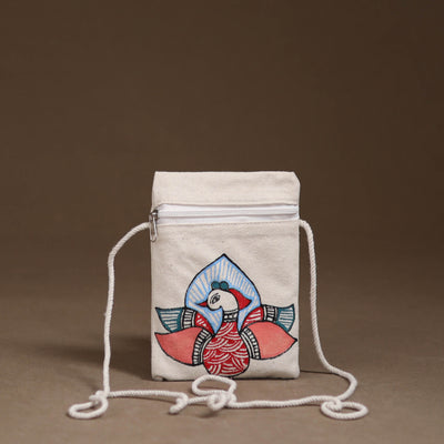 White - Madhubani Handpainted Mobile Sling Bag 12