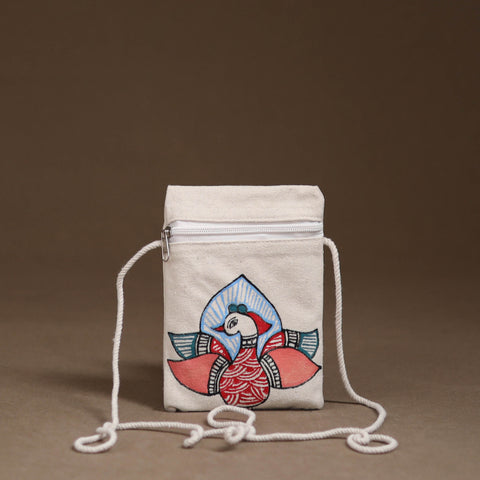 White - Madhubani Handpainted Mobile Sling Bag 12