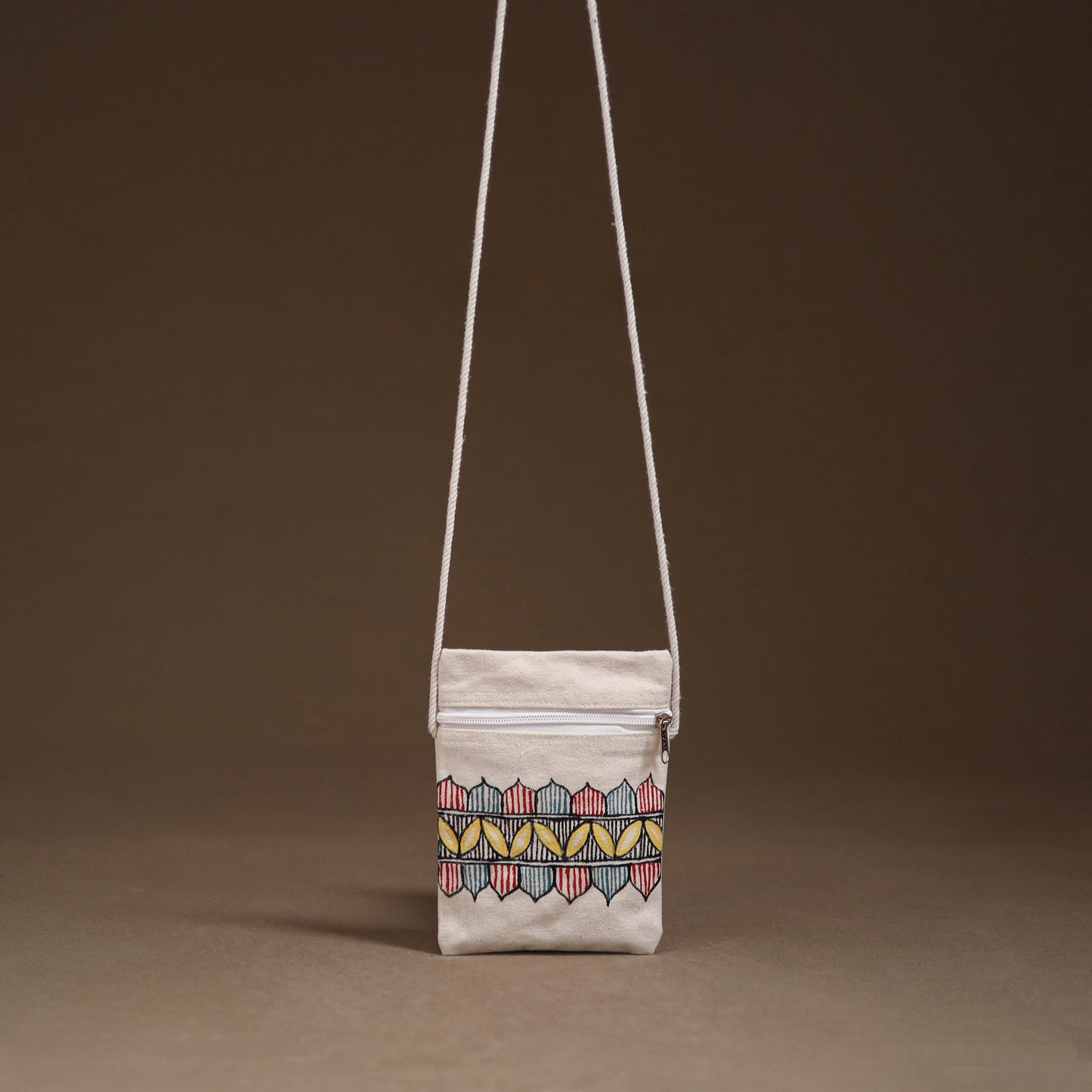 White - Madhubani Handpainted Mobile Sling Bag 13