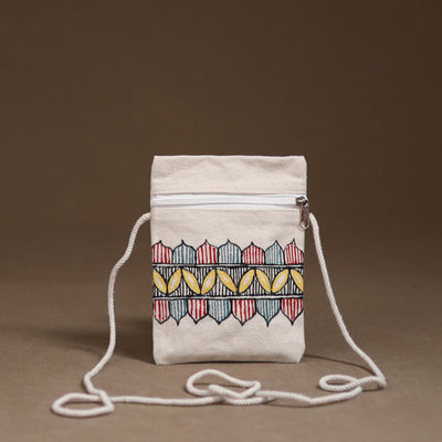 White - Madhubani Handpainted Mobile Sling Bag 13
