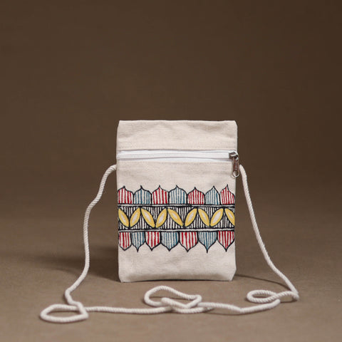 White - Madhubani Handpainted Mobile Sling Bag 13