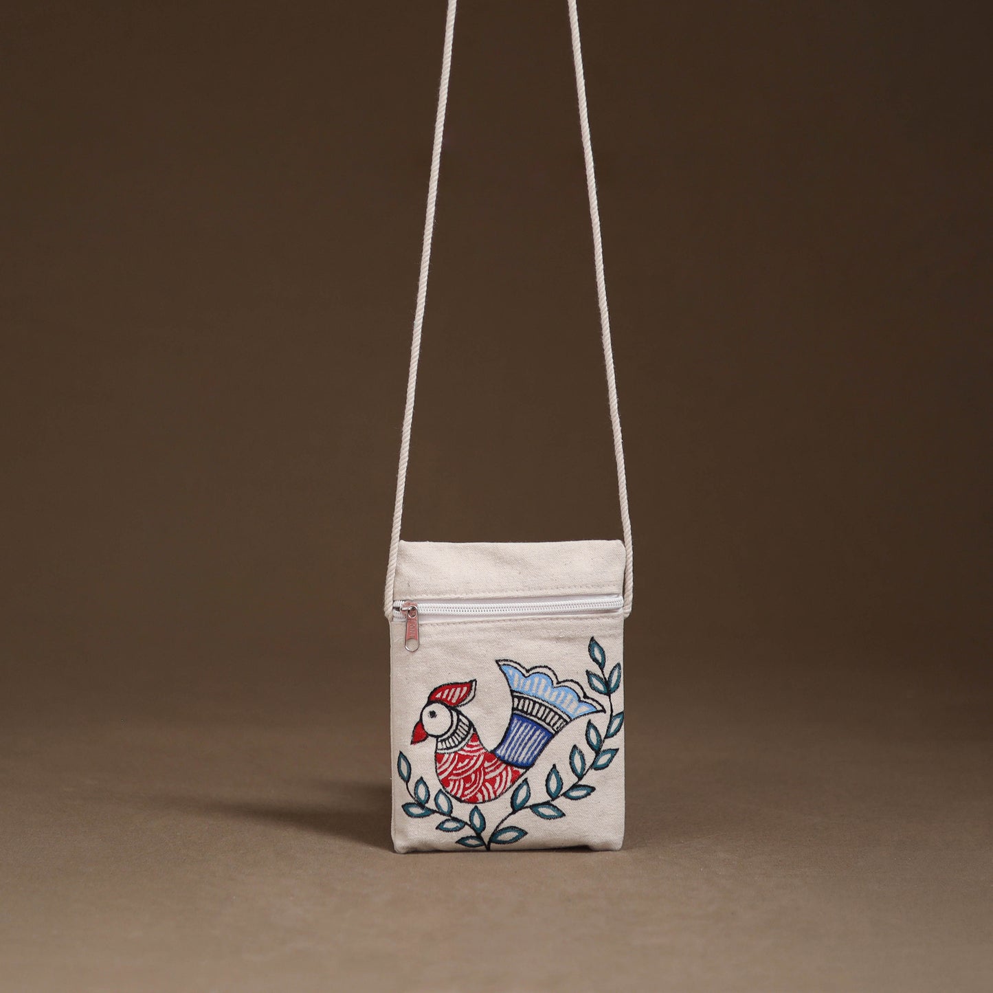 White - Madhubani Handpainted Mobile Sling Bag 14