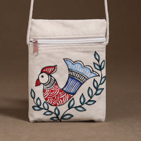 White - Madhubani Handpainted Mobile Sling Bag 14