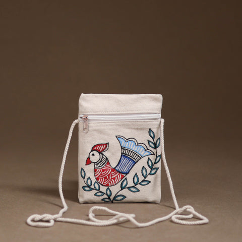 White - Madhubani Handpainted Mobile Sling Bag 14