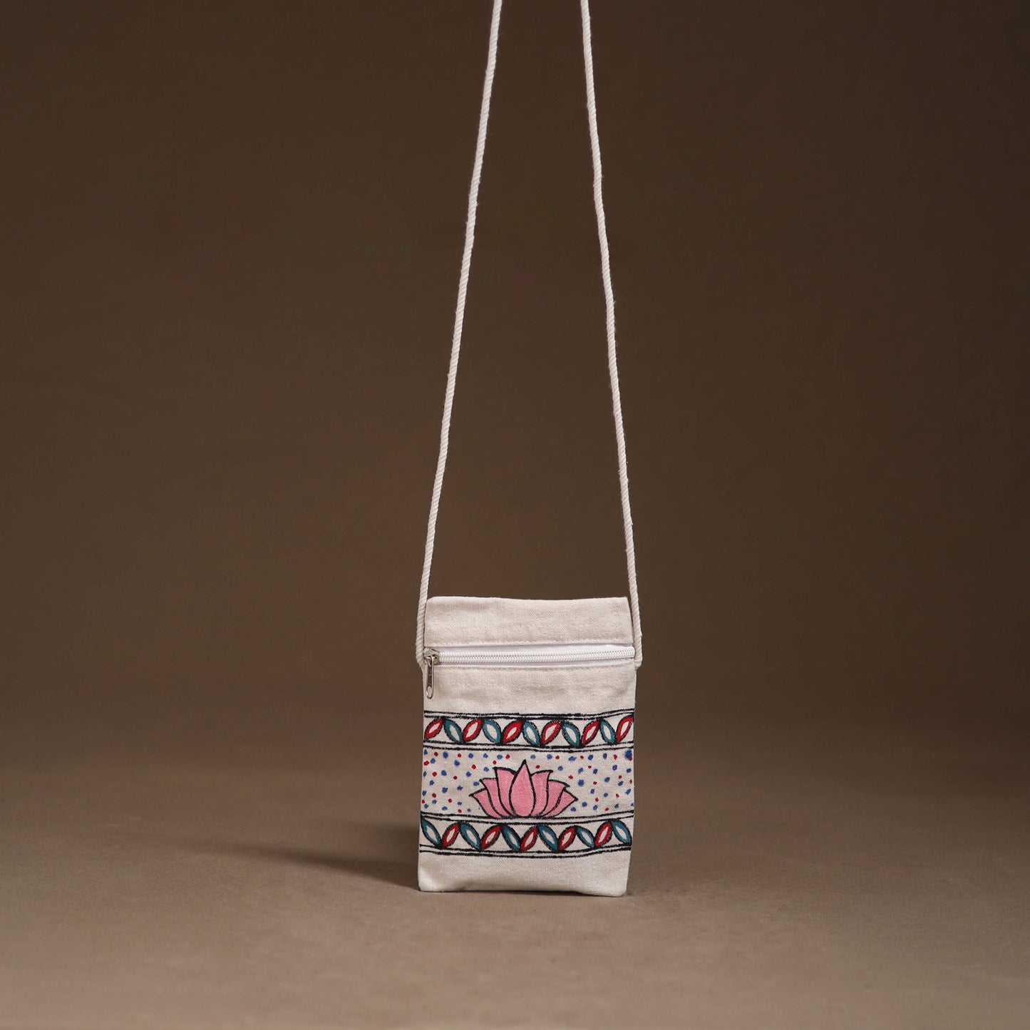 White - Madhubani Handpainted Mobile Sling Bag 15