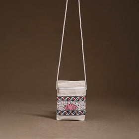 White - Madhubani Handpainted Mobile Sling Bag 15
