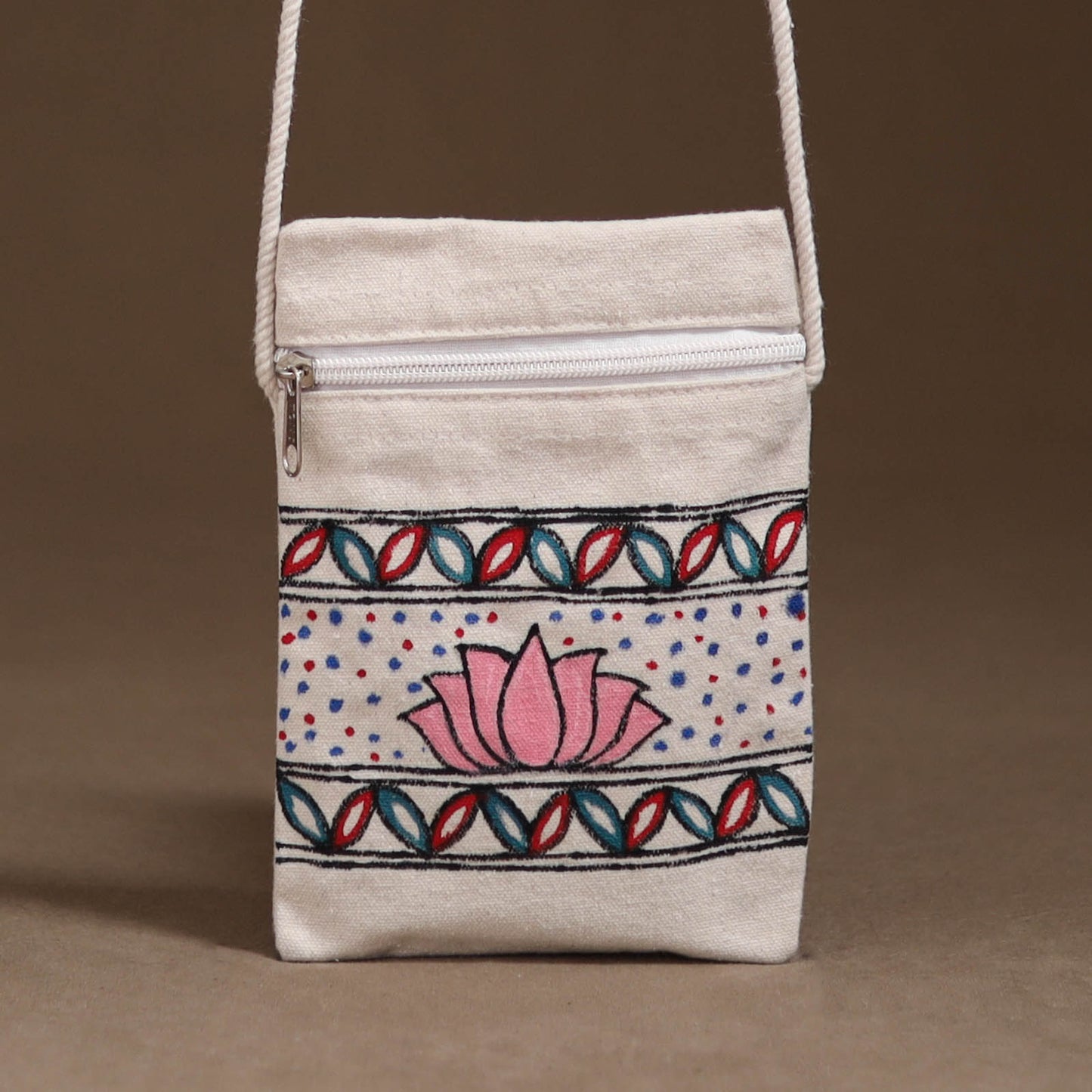 White - Madhubani Handpainted Mobile Sling Bag 15