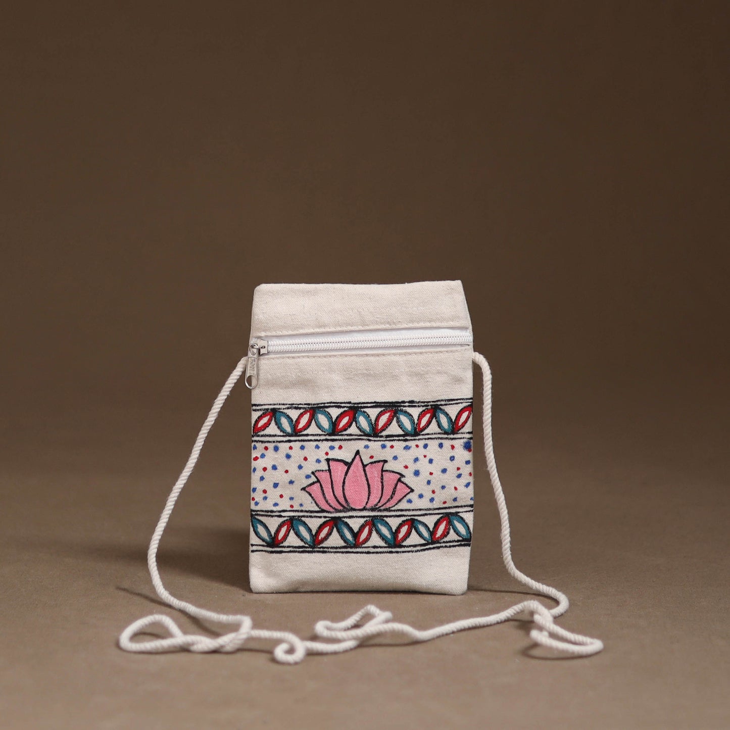 White - Madhubani Handpainted Mobile Sling Bag 15