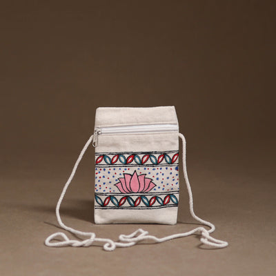 White - Madhubani Handpainted Mobile Sling Bag 15