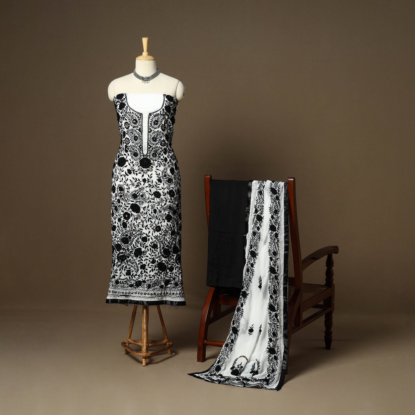 Black - 3pc hand embroidery georgette unstitched phulkari