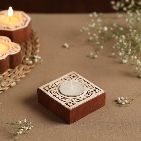  Hand Carved Sheesham Wood Block Tealight Candle Holder Online at iTokri.com 