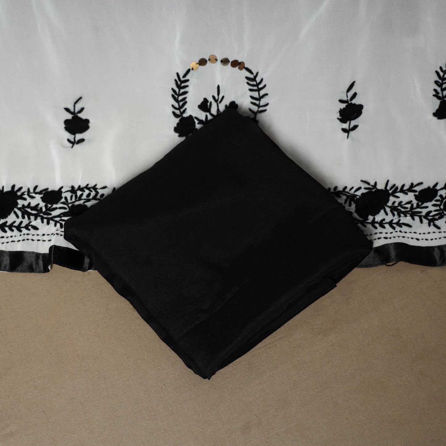 Black - 3pc hand embroidery georgette unstitched phulkari