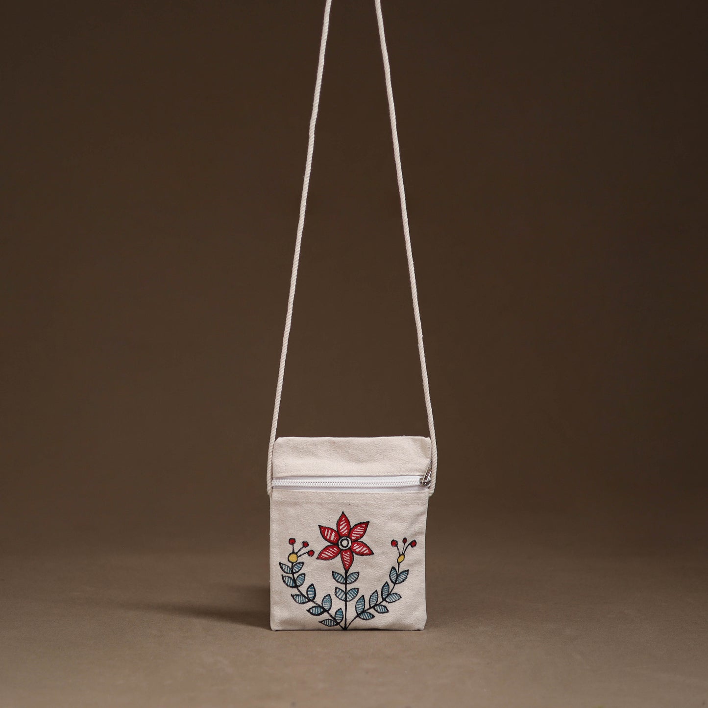 White - Madhubani Handpainted Mobile Sling Bag 17