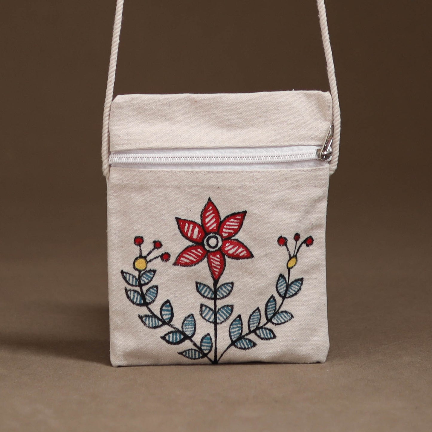 White - Madhubani Handpainted Mobile Sling Bag 17