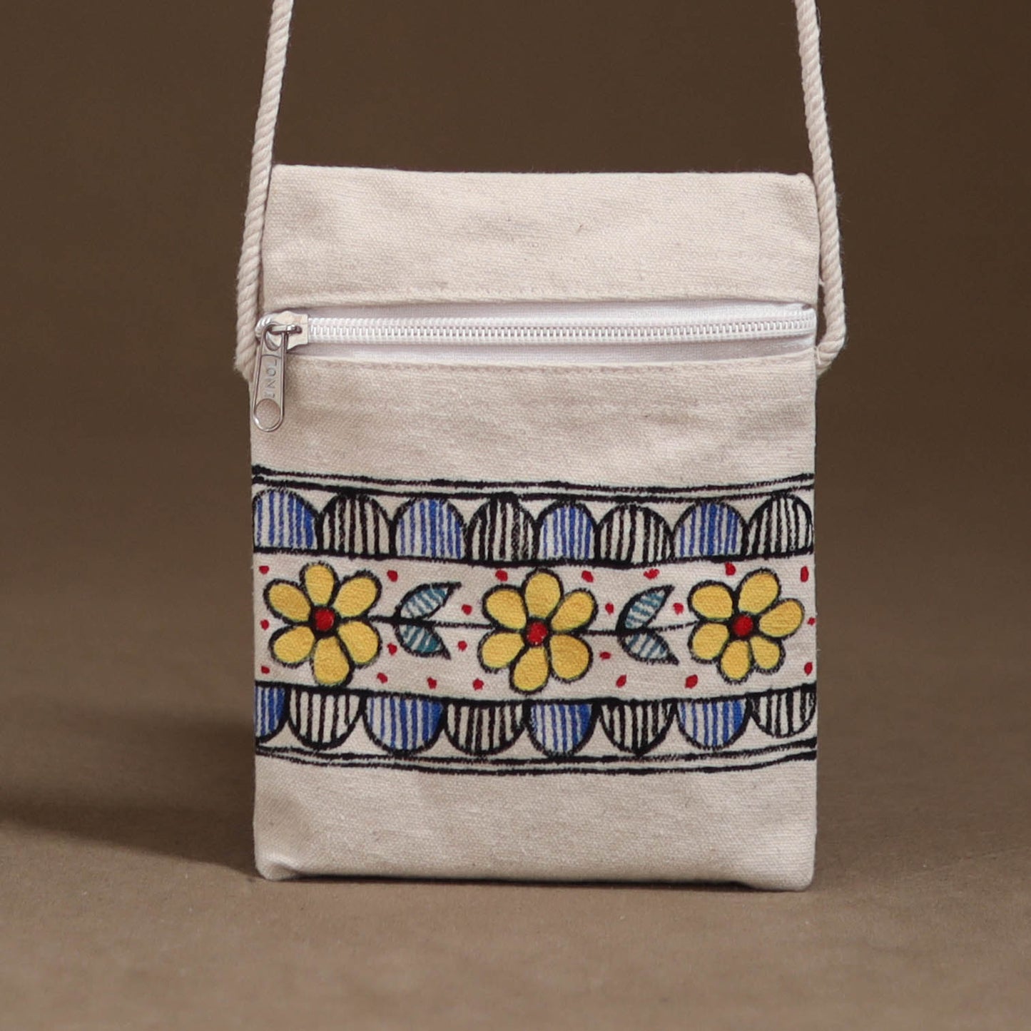 White - Madhubani Handpainted Mobile Sling Bag 18