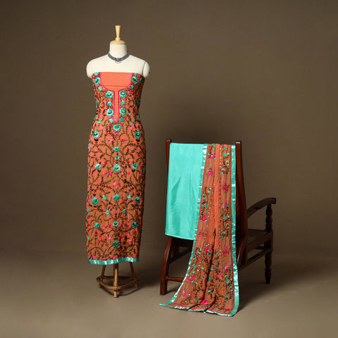 Orange - 33pc hand embroidery georgette unstitched phulkari