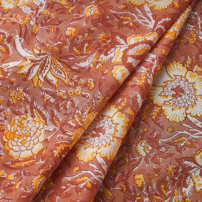 Yellow Buttercup Flowers On Orange Sanganeri Block Printed Cotton Fabric