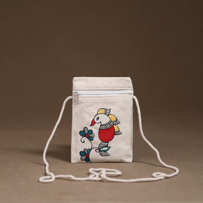 White - Madhubani Handpainted Mobile Sling Bag 19