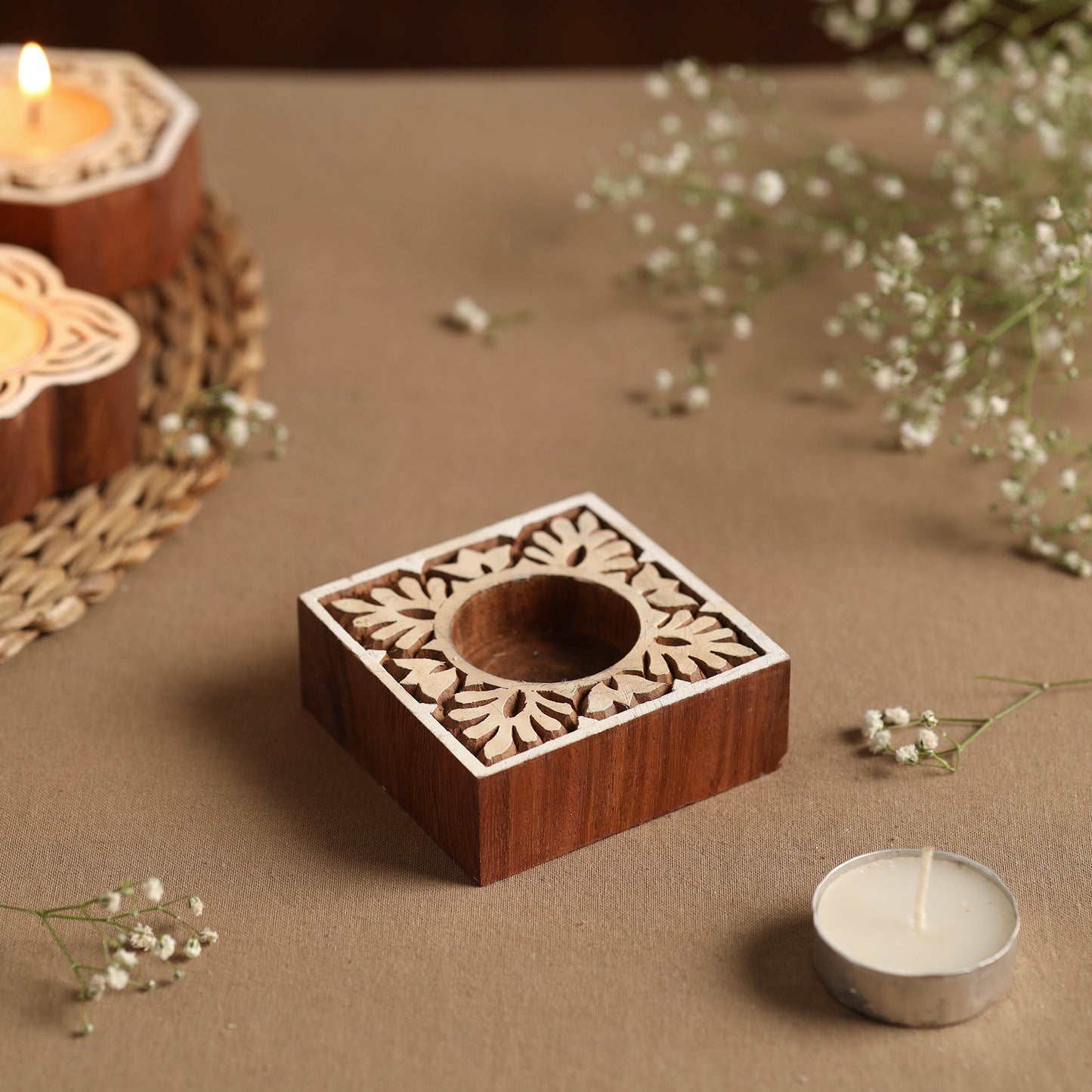 Hand Carved Sheesham Wood Block Tealight Candle Holder