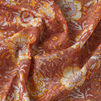 Yellow Buttercup Flowers On Orange Sanganeri Block Printed Cotton Fabric